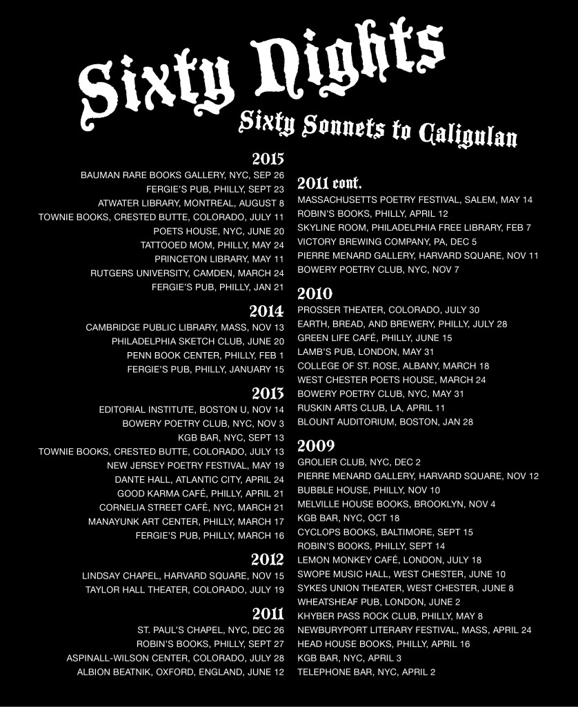 Back of Caligulan t-shirt listing Hilbert's tour dates for the last two books and the publication parties for his third, Caligulan.