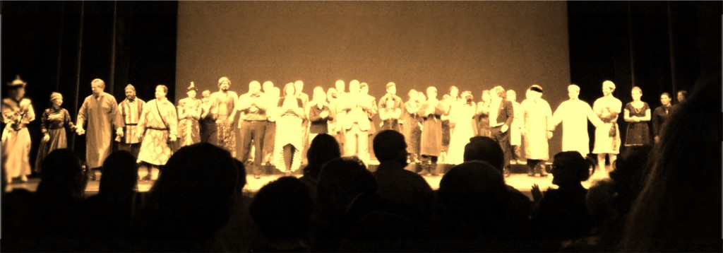 Cast and creators (Hilbert center) come forth for a bow at the 2014 premiere.